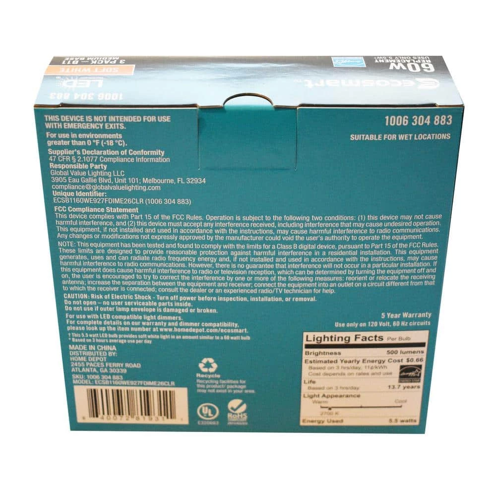 60- -Watt Equivalent B11 Dimmable Blunt Tip Candle Clear Glass Edison Filament LED Light Bulb Soft White (3-Pack) by EcoSmart 8 60- -Watt Equivalent B11 Dimmable Blunt Tip Candle Clear Glass Edison Filament LED Light Bulb Soft White (3-Pack) by EcoSmart - Image 6