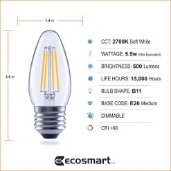 60- -Watt Equivalent B11 Dimmable Blunt Tip Candle Clear Glass Edison Filament LED Light Bulb Soft White (3-Pack) by EcoSmart 14 60- -Watt Equivalent B11 Dimmable Blunt Tip Candle Clear Glass Edison Filament LED Light Bulb Soft White (3-Pack) by EcoSmart -EcoSmart Sales ecosmart led light bulbs fg 04192 c3 1000