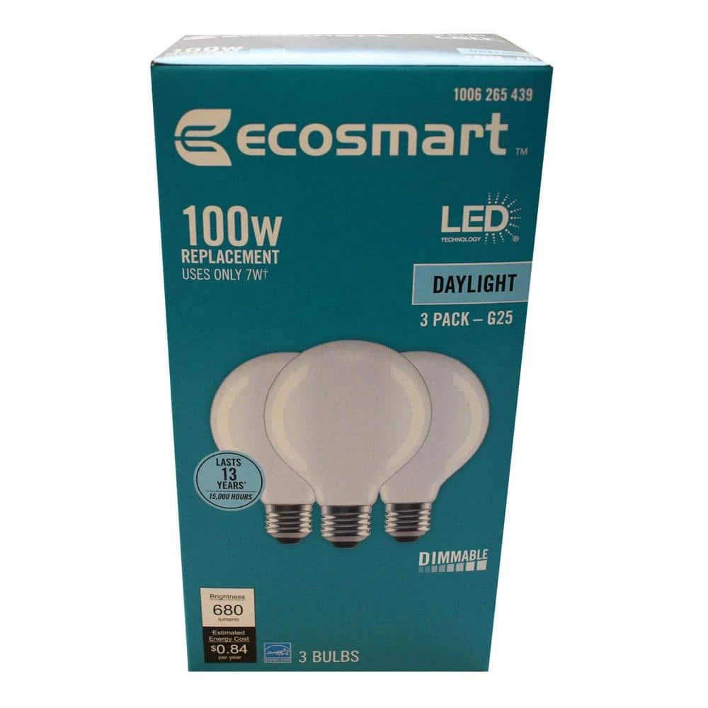 100-Watt Equivalent G25 Dimmable Globe Frosted Glass Filament LED Vintage Edison Light Bulb Daylight (3-Pack) by EcoSmart 4 100-Watt Equivalent G25 Dimmable Globe Frosted Glass Filament LED Vintage Edison Light Bulb Daylight (3-Pack) by EcoSmart - Image 2
