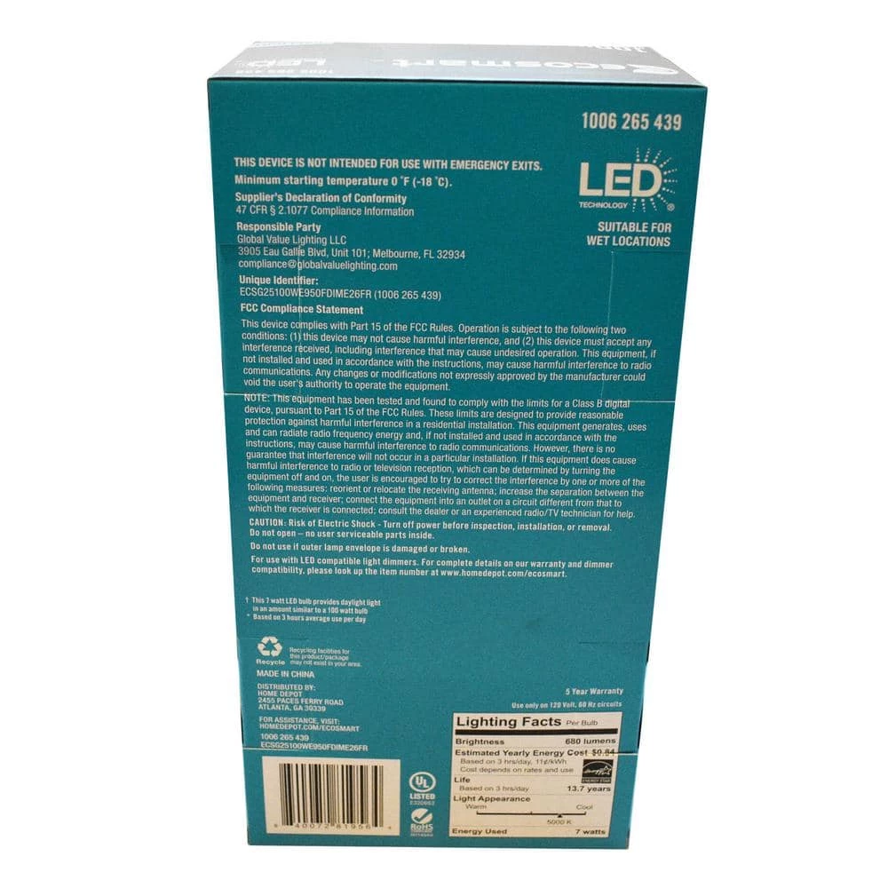 100-Watt Equivalent G25 Dimmable Globe Frosted Glass Filament LED Vintage Edison Light Bulb Daylight (3-Pack) by EcoSmart 8 100-Watt Equivalent G25 Dimmable Globe Frosted Glass Filament LED Vintage Edison Light Bulb Daylight (3-Pack) by EcoSmart - Image 6