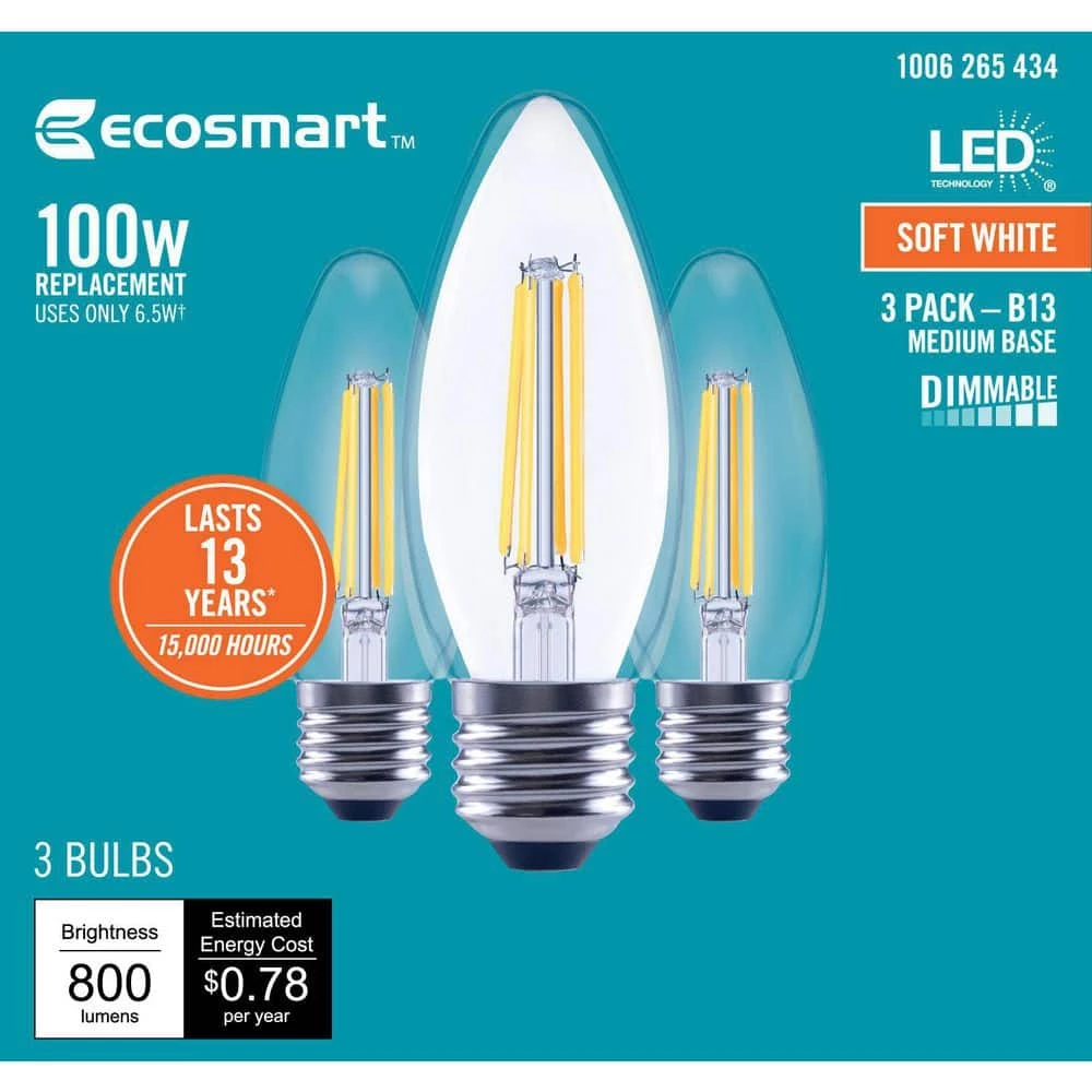 100-Watt Equivalent B13 Blunt Tip Dimmable Candle E26 Base Clear Glass LED Vintage Edison Light Bulb Soft White (3-Pack) by EcoSmart 6 100-Watt Equivalent B13 Blunt Tip Dimmable Candle E26 Base Clear Glass LED Vintage Edison Light Bulb Soft White (3-Pack) by EcoSmart - Image 4