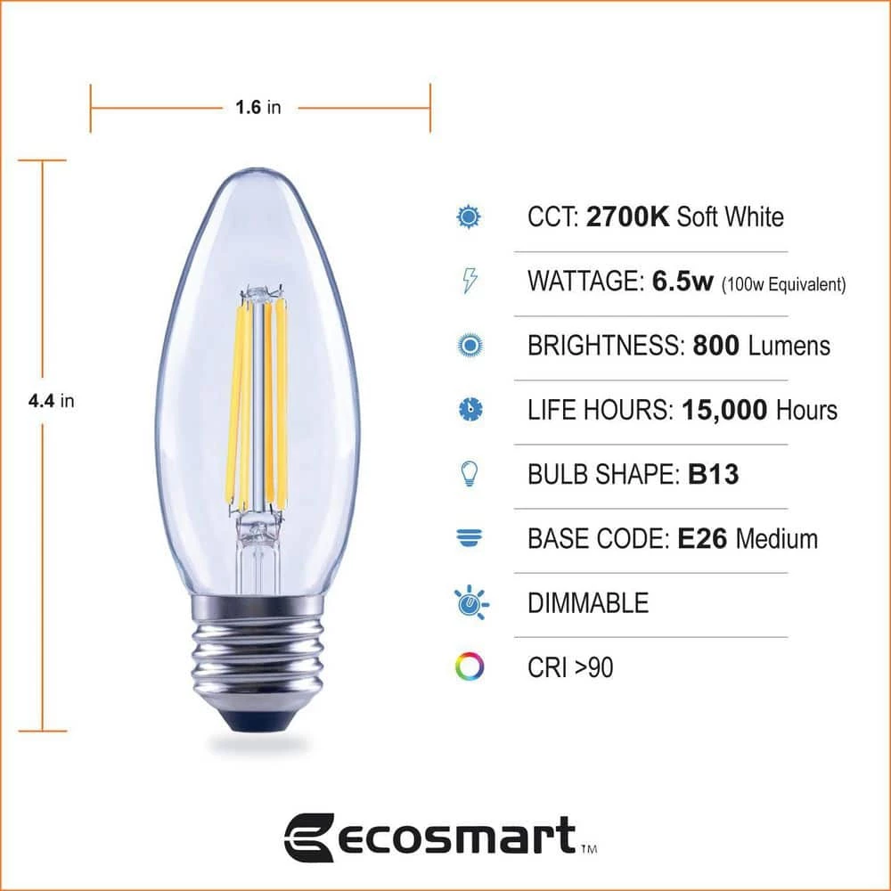 100-Watt Equivalent B13 Blunt Tip Dimmable Candle E26 Base Clear Glass LED Vintage Edison Light Bulb Soft White (3-Pack) by EcoSmart 5 100-Watt Equivalent B13 Blunt Tip Dimmable Candle E26 Base Clear Glass LED Vintage Edison Light Bulb Soft White (3-Pack) by EcoSmart - Image 3