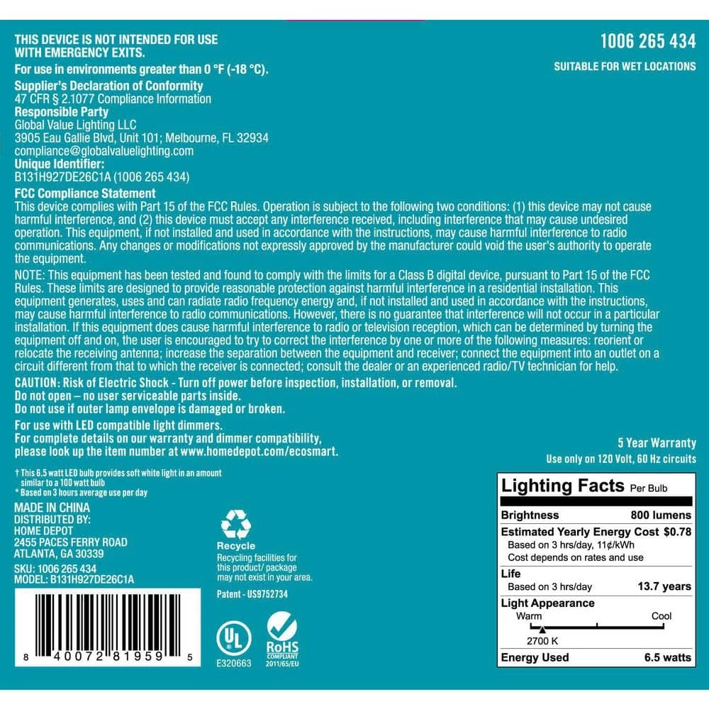 100-Watt Equivalent B13 Blunt Tip Dimmable Candle E26 Base Clear Glass LED Vintage Edison Light Bulb Soft White (3-Pack) by EcoSmart 4 100-Watt Equivalent B13 Blunt Tip Dimmable Candle E26 Base Clear Glass LED Vintage Edison Light Bulb Soft White (3-Pack) by EcoSmart - Image 2