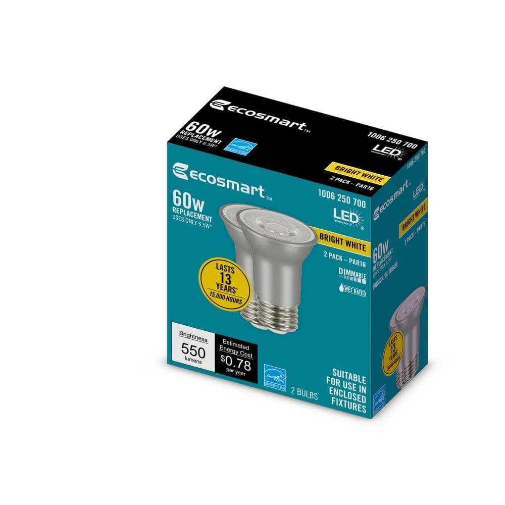 60-Watt Equivalent PAR16 Dimmable Flood LED Light Bulb Bright White (2-Pack) by EcoSmart 6 60-Watt Equivalent PAR16 Dimmable Flood LED Light Bulb Bright White (2-Pack) by EcoSmart - Image 4