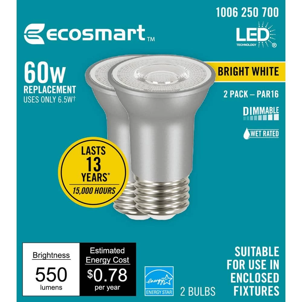 60-Watt Equivalent PAR16 Dimmable Flood LED Light Bulb Bright White (2-Pack) by EcoSmart 8 60-Watt Equivalent PAR16 Dimmable Flood LED Light Bulb Bright White (2-Pack) by EcoSmart - Image 6