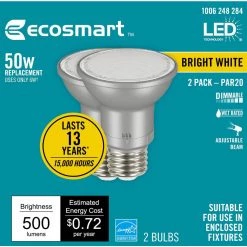 50-Watt Equivalent PAR20 Dimmable Adjustable Beam Angle LED Light Bulb Bright White (2-Pack) by EcoSmart -EcoSmart Sales glass like silver ecosmart led light bulbs a20pr2050wesd32 76 1000