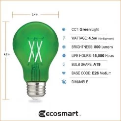 40-Watt Equivalent A19 Dimmable Filament Green Colored Glass LED Light Bulb (1-Pack) by EcoSmart -EcoSmart Sales green ecosmart colored light bulbs fg 04241 4f 1000