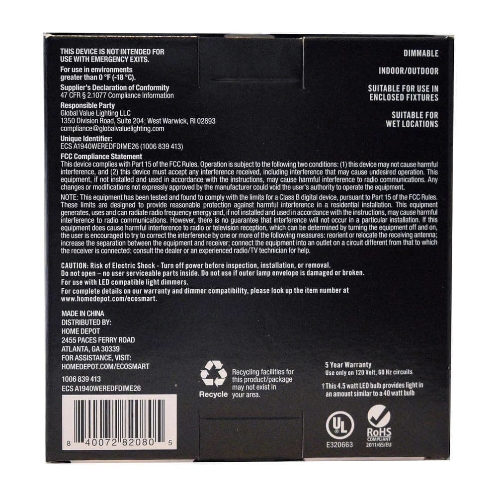 40-Watt Equivalent A19 Dimmable Filament Red Colored Glass LED Light Bulb (1-Pack) by EcoSmart 11 40-Watt Equivalent A19 Dimmable Filament Red Colored Glass LED Light Bulb (1-Pack) by EcoSmart - Image 9