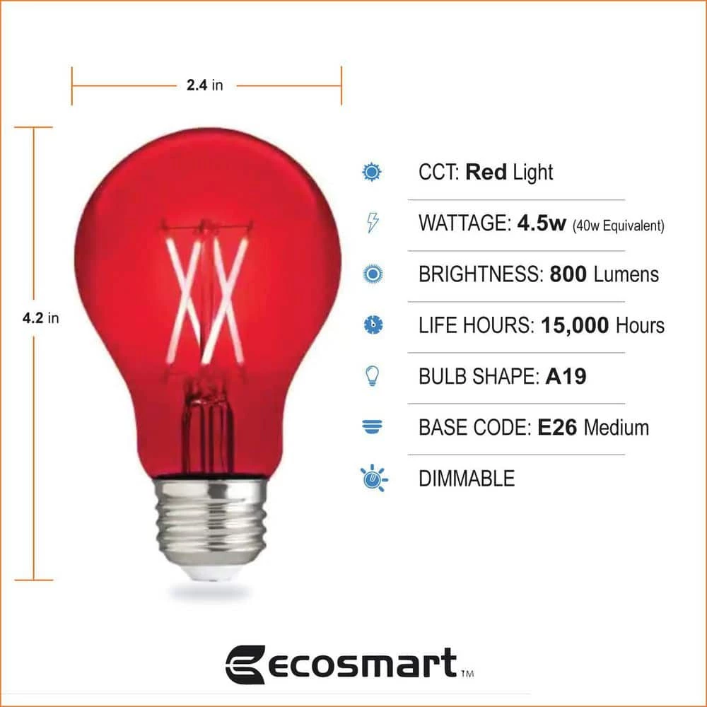 40-Watt Equivalent A19 Dimmable Filament Red Colored Glass LED Light Bulb (1-Pack) by EcoSmart 10 40-Watt Equivalent A19 Dimmable Filament Red Colored Glass LED Light Bulb (1-Pack) by EcoSmart - Image 8