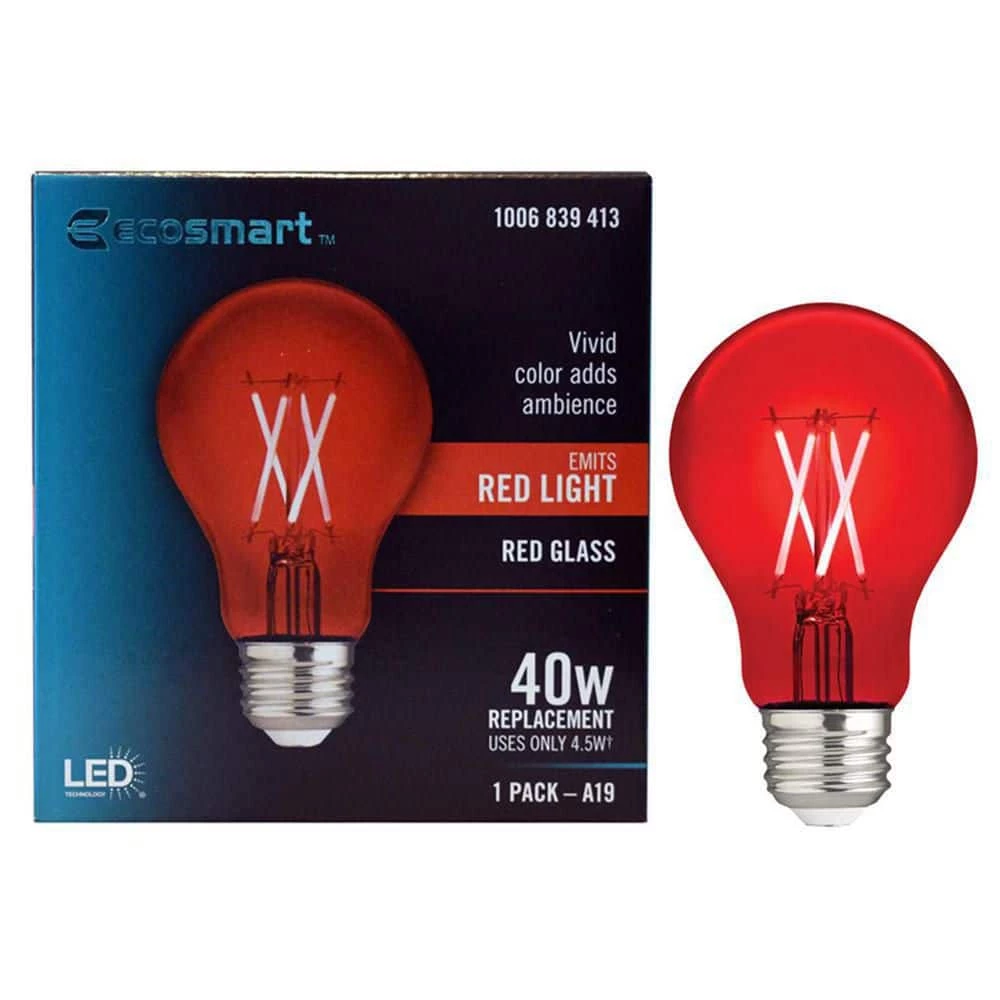 40-Watt Equivalent A19 Dimmable Filament Red Colored Glass LED Light Bulb (1-Pack) by EcoSmart 3 40-Watt Equivalent A19 Dimmable Filament Red Colored Glass LED Light Bulb (1-Pack) by EcoSmart