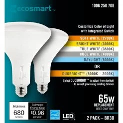 65-Watt Equivalent BR30 CEC Dimmable LED Light Bulb with Selectable Color Temperature Plus DuoBright (2-Pack) by EcoSmart -EcoSmart Sales white ecosmart led light bulbs a20br3065wtes02 4f 1000