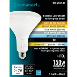 150-Watt Equivalent BR40 CEC Dimmable LED Light Bulb with Selectable Color Temperature Plus DuoBright (1-Pack) by EcoSmart 19 150-Watt Equivalent BR40 CEC Dimmable LED Light Bulb with Selectable Color Temperature Plus DuoBright (1-Pack) by EcoSmart -EcoSmart Sales white ecosmart led light bulbs a20br40150t2001 44 1000