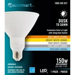 150-Watt Equivalent PAR38 Dimmable CEC Flood Dusk to Dawn with Selectable Color Temperature LED Light Bulb (1-Pack) by EcoSmart -EcoSmart Sales white ecosmart led light bulbs g117p38d2d5duo c3 1000